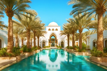 Naklejka premium A white building with a pool and palm trees in a tropical resort