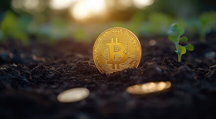 A golden Bitcoin coin stands tall in the soil with two smaller coins lying in the foreground and a young plant sprouting behind it.