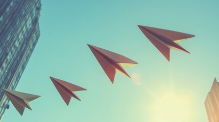 Business teamwork visualization, origami paper airplanes, symbols for solution and success