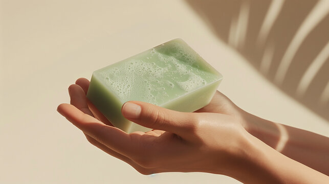 Close up of woman's hands holding a green pastel eco-friendly soap bar. Handmade soap. Beige background.