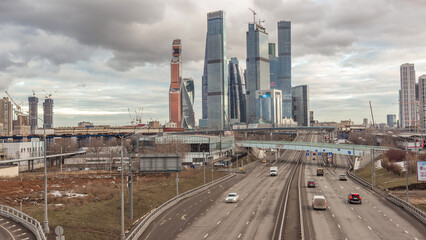 Moscow City business center skyscrapers office buildings and luxury apartments timelapse hyperlapse.