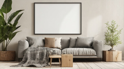 Wall Art Poster Mockup in Living Room. Interior Scene with Home Setting. Contemporary Decor. 3D Rendering