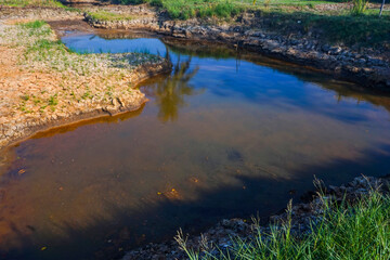 Fish pond in the dry season on a sunny day