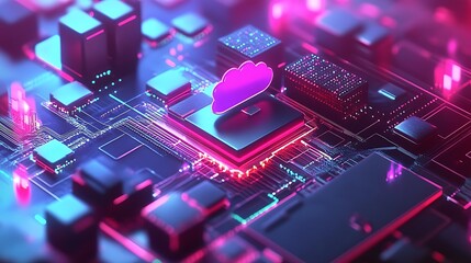 Fototapeta premium A futuristic digital landscape featuring a cloud symbol on a circuit board, representing technology and connectivity.