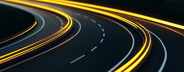 A close-up view of winding roads illuminated by vibrant light streaks at night.