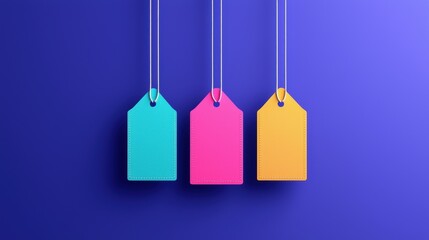 Colorful price tags hanging against a vibrant purple background