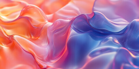 Fototapeta premium Abstract 3D Render of Flowing Liquid, Shimmering in Vibrant Hues of Orange, Pink, and Blue, Creating a Dreamlike and Surreal Aesthetic