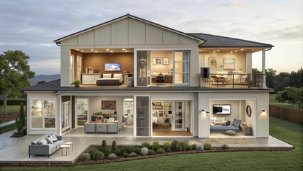 A full-body cutaway view of a modern home, displaying various rooms equipped with smart technology features, showcasing a sleek and connected living environment.

