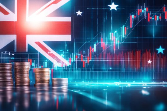 australian economy and finance . with coins and digital trading platform, economic growth, stock market chart, investment trends global challenges and opportunities.