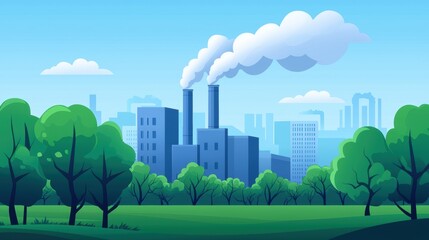 Fototapeta premium Industrial landscape with smokestacks and greenery