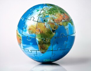 A globe made of puzzle pieces, Earth isolated on white background.