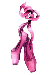 Watercolor illustration of pink pointe shoes and a bow. Part of ballerina’s wardrobe, soft ballet shoes, flats isolated. Design element for decor, prints, cards, gifts, invitations. Ballet symbol © Nadia Stupina