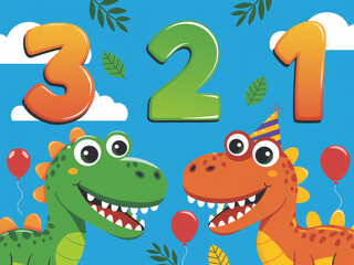 Naklejka premium Colorful dinosaur party countdown with balloons and leaves