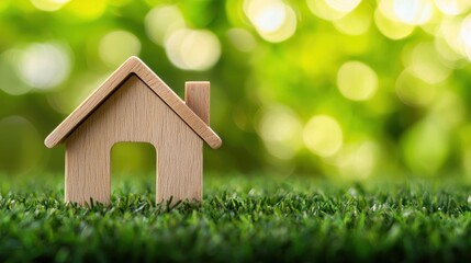 Miniature wooden house on lush green grass with bokeh background
