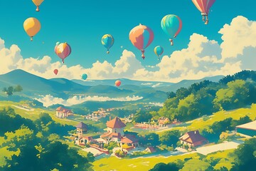 Fototapeta premium Colorful Hot Air Balloons Soaring Over a Picturesque Village Nestled in Lush Green Hills