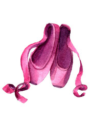 Watercolor illustration of pink pointe shoes and a bow. Part of ballerina’s wardrobe, soft ballet shoes, flats isolated. Design element for decor, prints, cards, gifts, invitations. Ballet symbol © Nadia Stupina