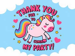 Colorful unicorn birthday party invitation with rainbow and hearts