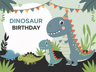 Naklejka premium Dinosaur birthday celebration with cute drawn dinosaurs and festive decorations