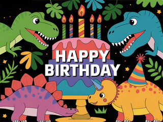 Colorful dinosaur-themed birthday celebration with cake and candles