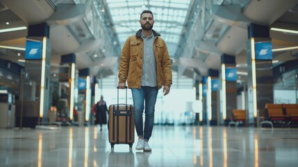 Modern traveler in casual attire standing with suitcase in bright airport terminal. Portrait showcases contemporary travel lifestyle with warm tan jacket and clean architectural background