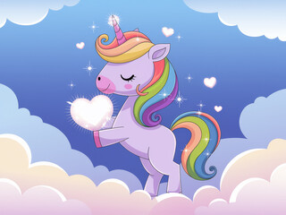 Magical unicorn with rainbow mane holding heart in dreamy cloudscape