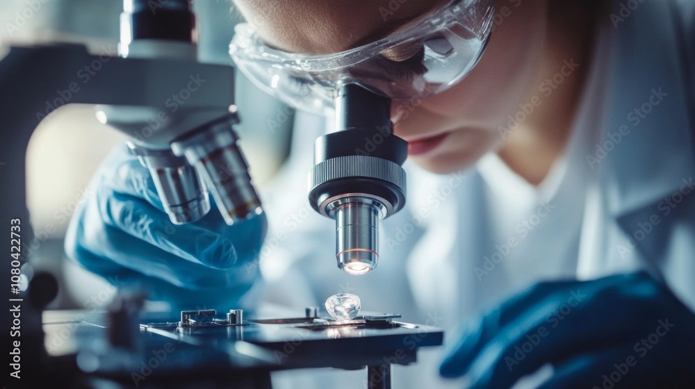 Poster a woman is looking through a microscope at a small object