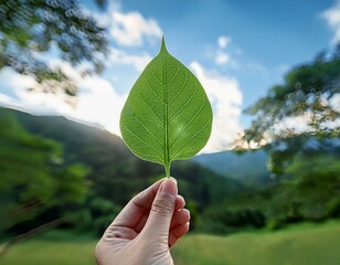A hand holding a leaf up to the sky, eco-friendly concept.