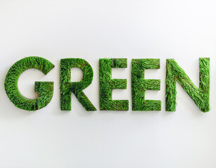 A  white background is adorned with the word GREEN crafted from natural grass, symbolizing environmental consciousness.