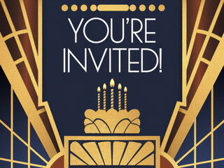 Art deco invitation design with gold and navy elements for celebrations