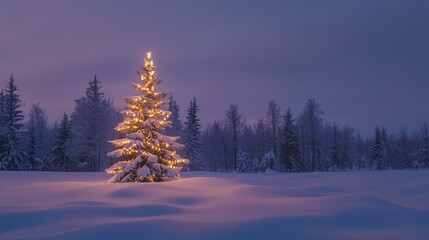 Beautiful Christmas and New Year's Background &ndash; Decorated Christmas Tree in Snowdrifts with Winter Forest and Magical Sky