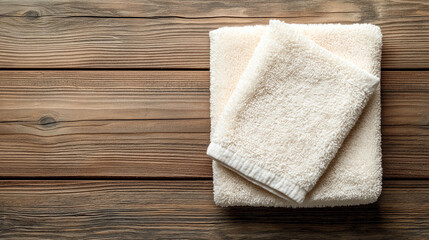 Soft beige towels stacked on a textured wooden surface, showcasing a clean and minimalistic bathroom accessory setup.