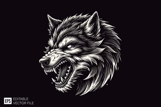 wolf head dark art style vector design black and white illustration