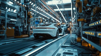 Fototapeta premium futuristic car manufacturing, bright light - Generative AI 