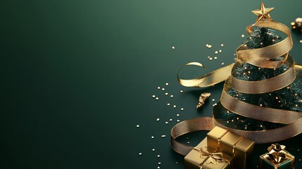 New Year Banner – Christmas Tree Made of Gold Ribbon and Gift Box on Olive Backgroung