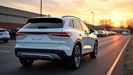 Golden hour parking lot, white SUV, rear lights