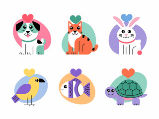 Naklejka premium Colorful animal icons: dog, cat, rabbit, bird, fish, turtle with hearts