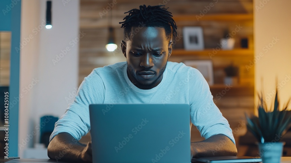 Poster a man is sitting at a table with a laptop in front of him