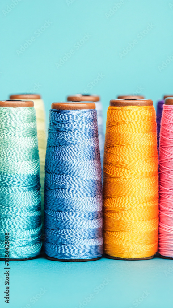 Poster Vibrant turquoise background with a row of colorful spools of thread creates a cheerful and inspiring scene for sewing and craft projects