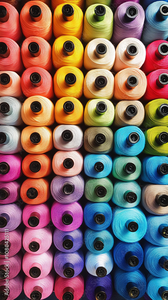 Poster row of vibrant thread spools creates a stunning rainbow gradient