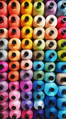 Fototapeta premium Row of vibrant thread spools creates a stunning rainbow gradient