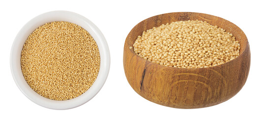 Amaranth grain seeds in ceramic and wooden bowl isolated on white background. Top view. Flat lay