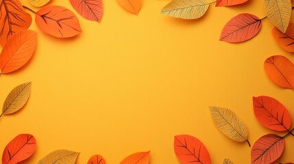 Obraz premium A vibrant arrangement of colorful autumn leaves on a bright yellow background, creating a warm and inviting seasonal vibe.