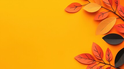 Fototapeta premium A vibrant arrangement of autumn leaves in shades of orange and red against a bright yellow background, evoking the warmth of fall.