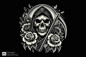 grim reaper illustration dark art style vector design black and white illustration