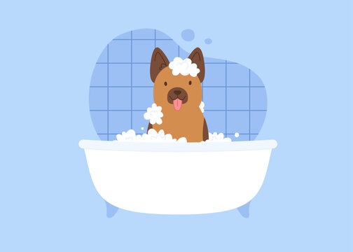 Shepherd dog taking a bath with shampoo. Cartoon vector dog washing in bathroom.