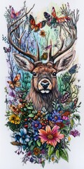 A deer with a flowery background. The deer has a large antlers and is surrounded by butterflies