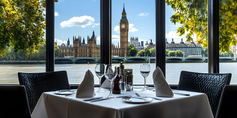 London Restaurant with View of Big Ben and Houses of Parliament