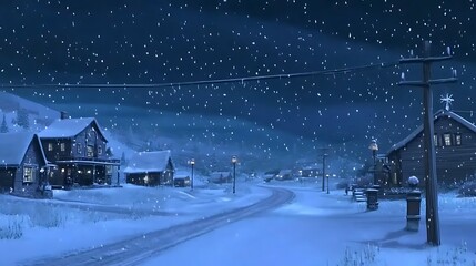 Fototapeta premium Snowy Night Scene with Houses and a Winding Road