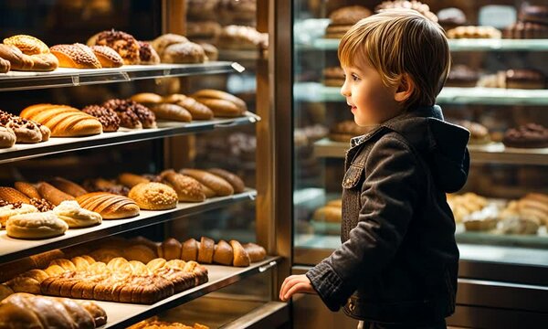 A young boy looks longingly at the pastries in a bakery display case.