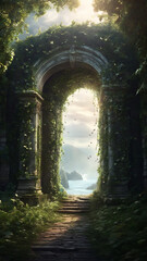 Fototapeta premium Ancient Stone Gate Covered in Ivy Revealing a Fantasy World – Magical Digital Illustration.